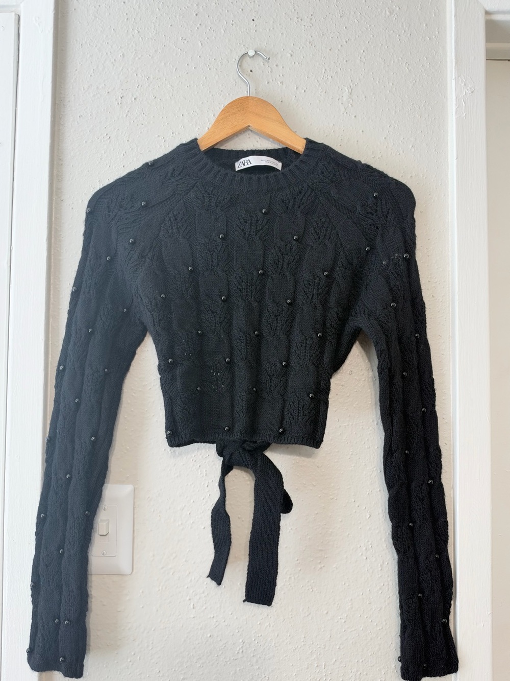 Zara Black Beaded Cable-Knit Tie-Waist Sweater